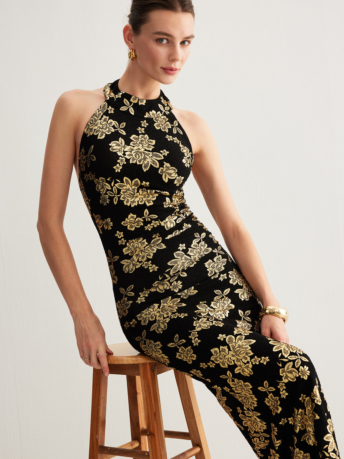 Olyssa Retro Sırt Açık Dar Halter Elbise