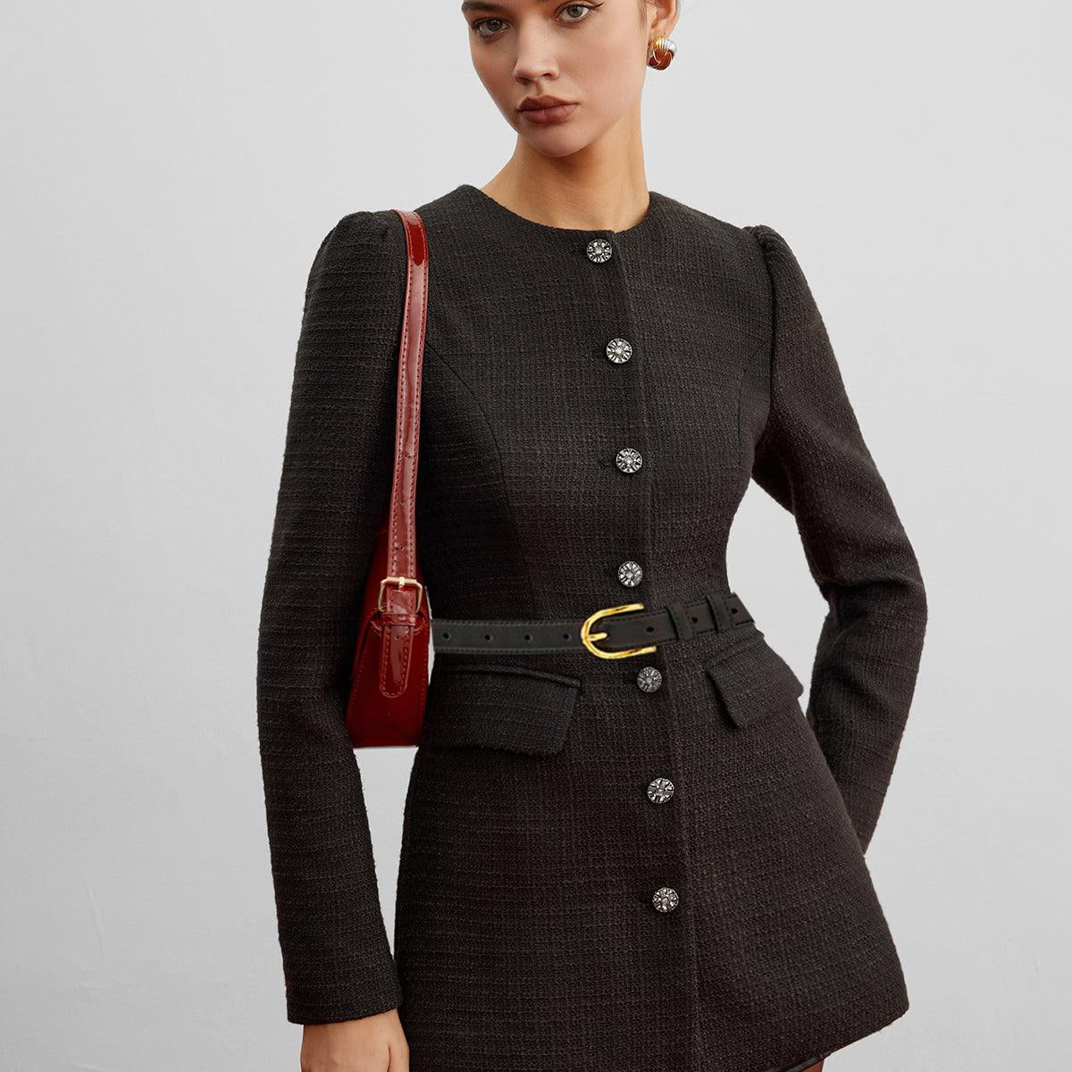 Düğme Detaylı Yuvarlak Yaka Siyah Blazer Ceket