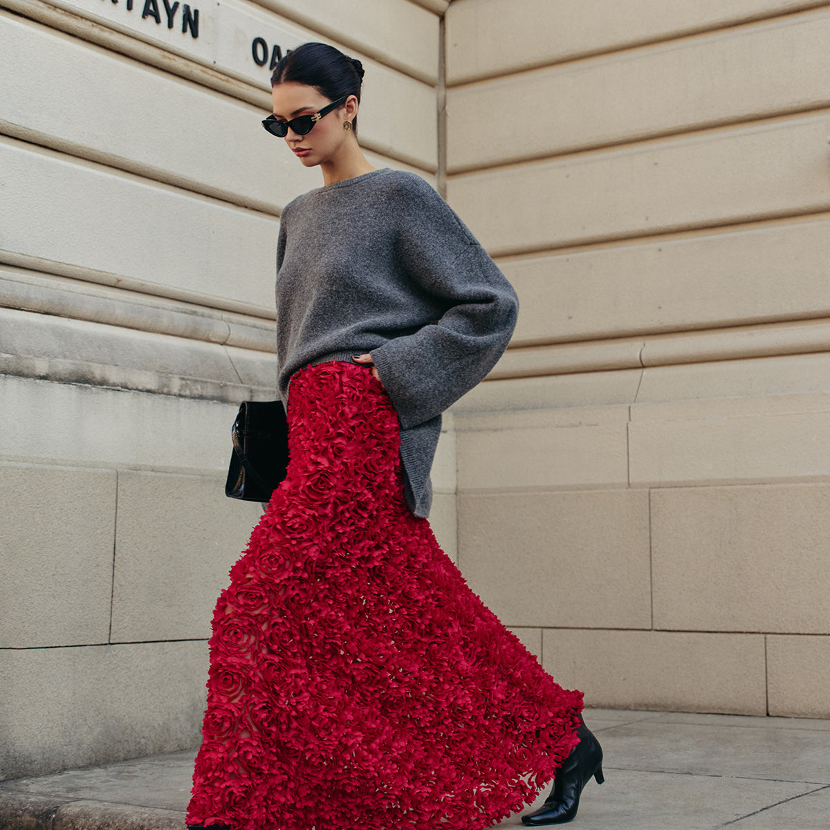 Yüksek Bel Gül Desenli Etek