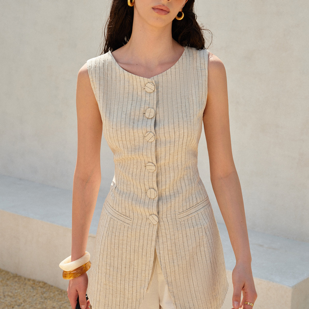 Şık Kolsuz Düğmeli Yelek, Yumuşak Pamuk ve Keten Karışımı