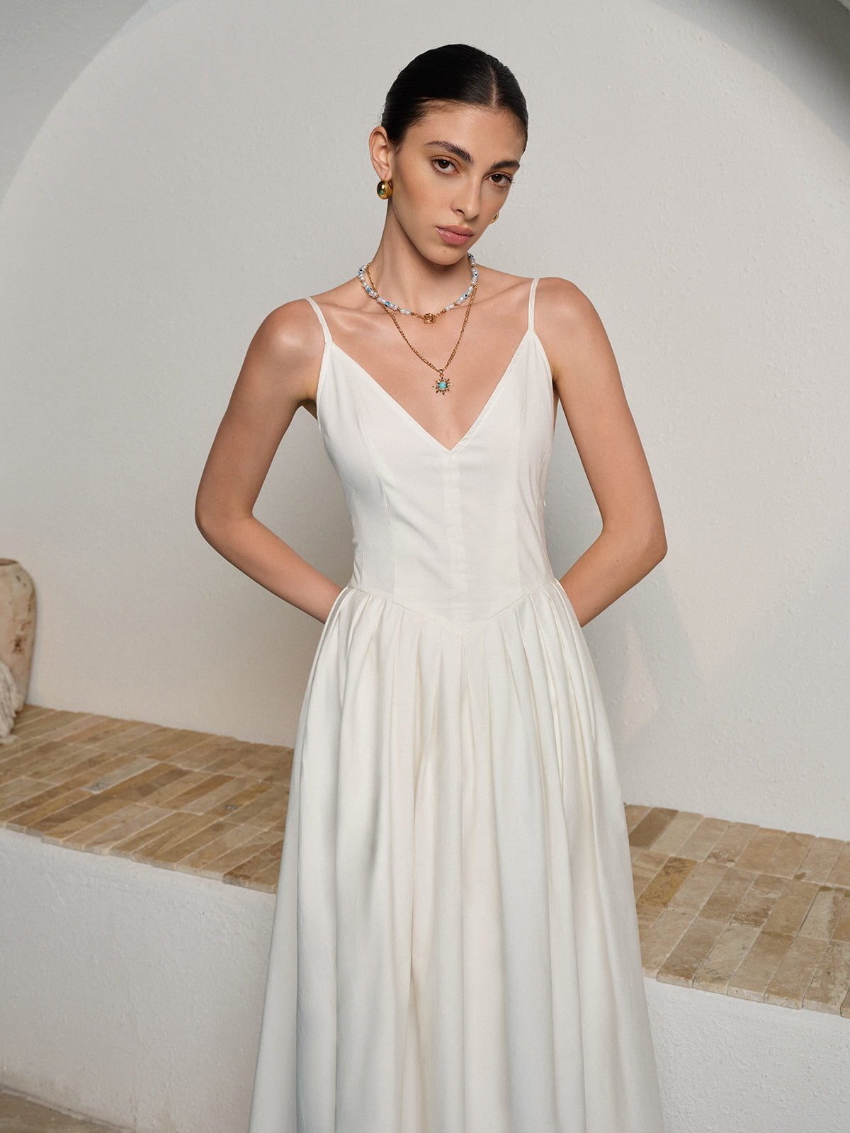 Olyssa  Spagetti Askılı Pileli Elbise