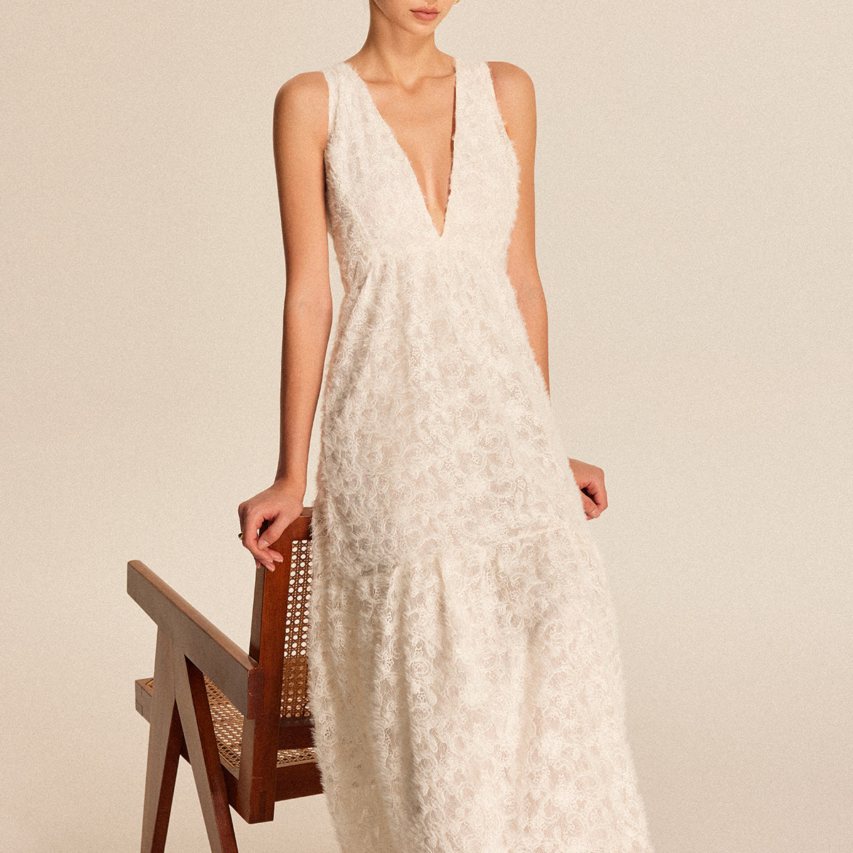 Şık Boho Derin V-Yaka Dantel Abiye Elbise