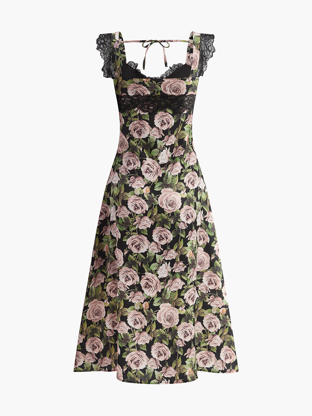 Çiçek Desenli Dantel Kenar Detaylı Bağlamalı Elbise