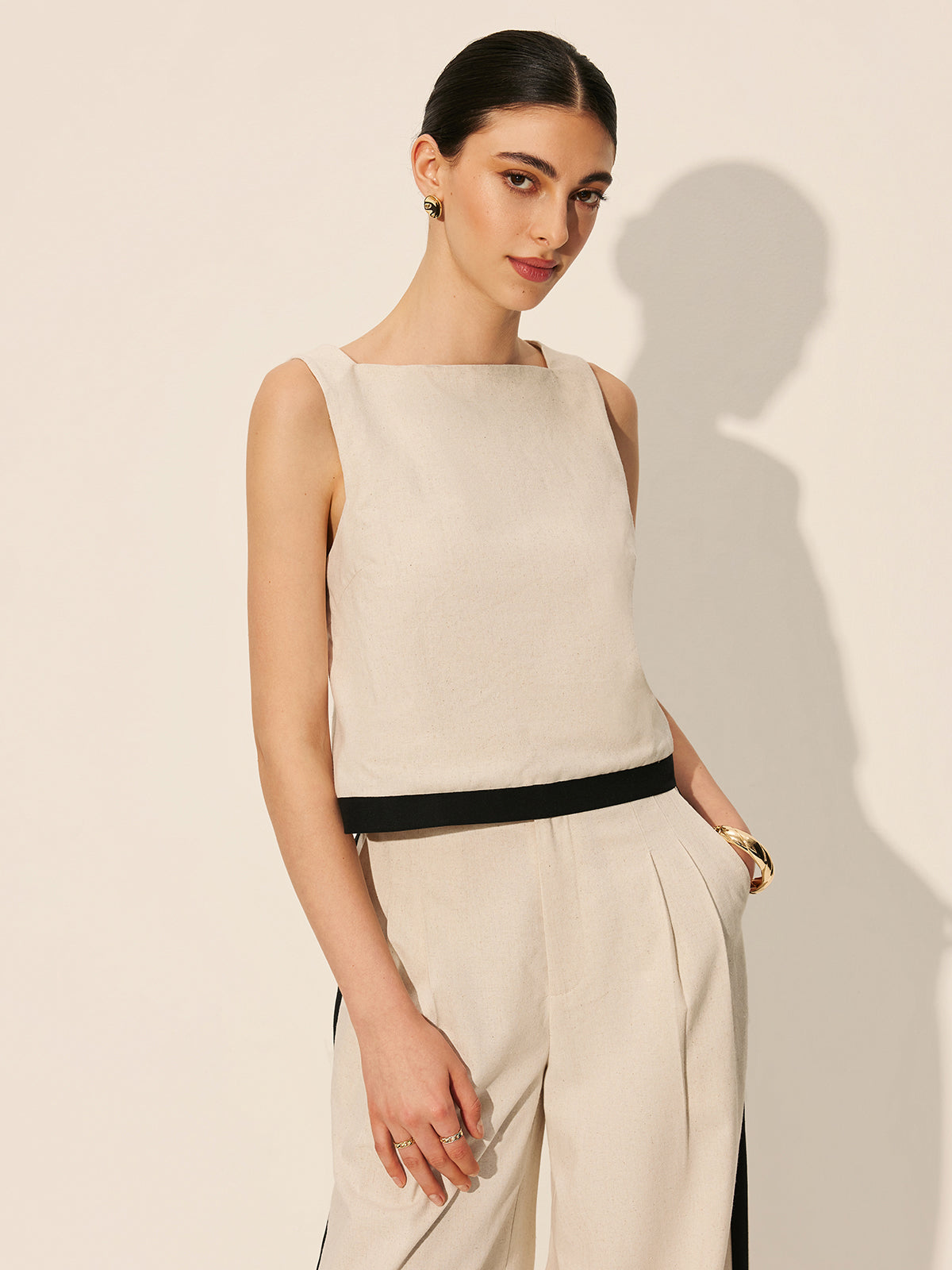 Keten ve Pamuk Fermuarlı Kontrast Kenar Detaylı Pantolon Takımı