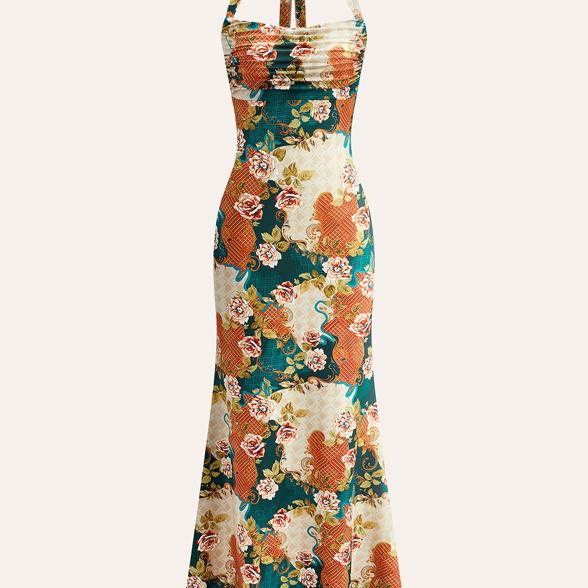 Şık Çiçek Desenli Halter Yaka Abiye Elbise Sırt Bağlama Detaylı