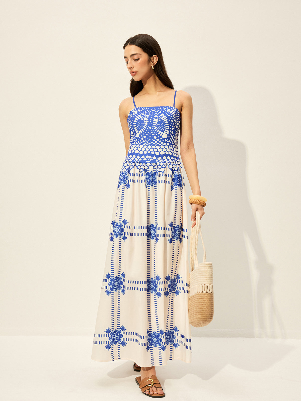 Şık Ayarlanabilir Spagetti Askılı Fermuarlı Elbise, Dikkat Çekici Desenli