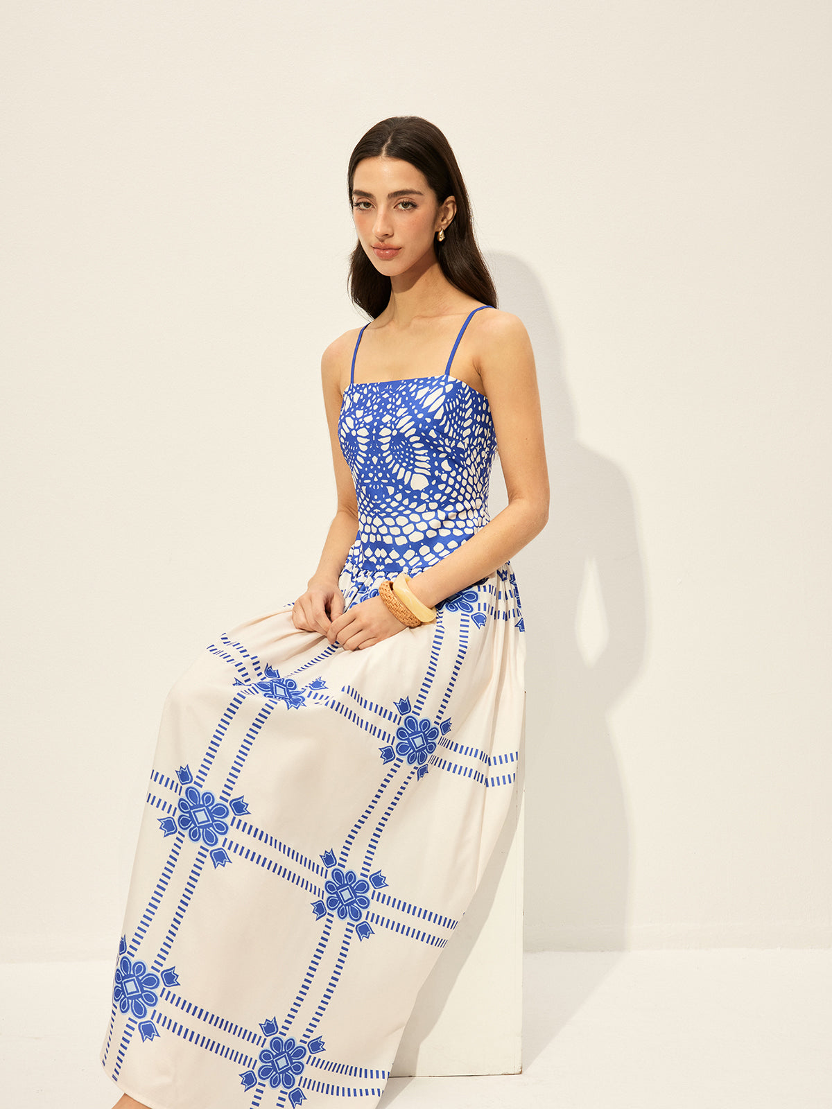 Şık Ayarlanabilir Spagetti Askılı Fermuarlı Elbise, Dikkat Çekici Desenli