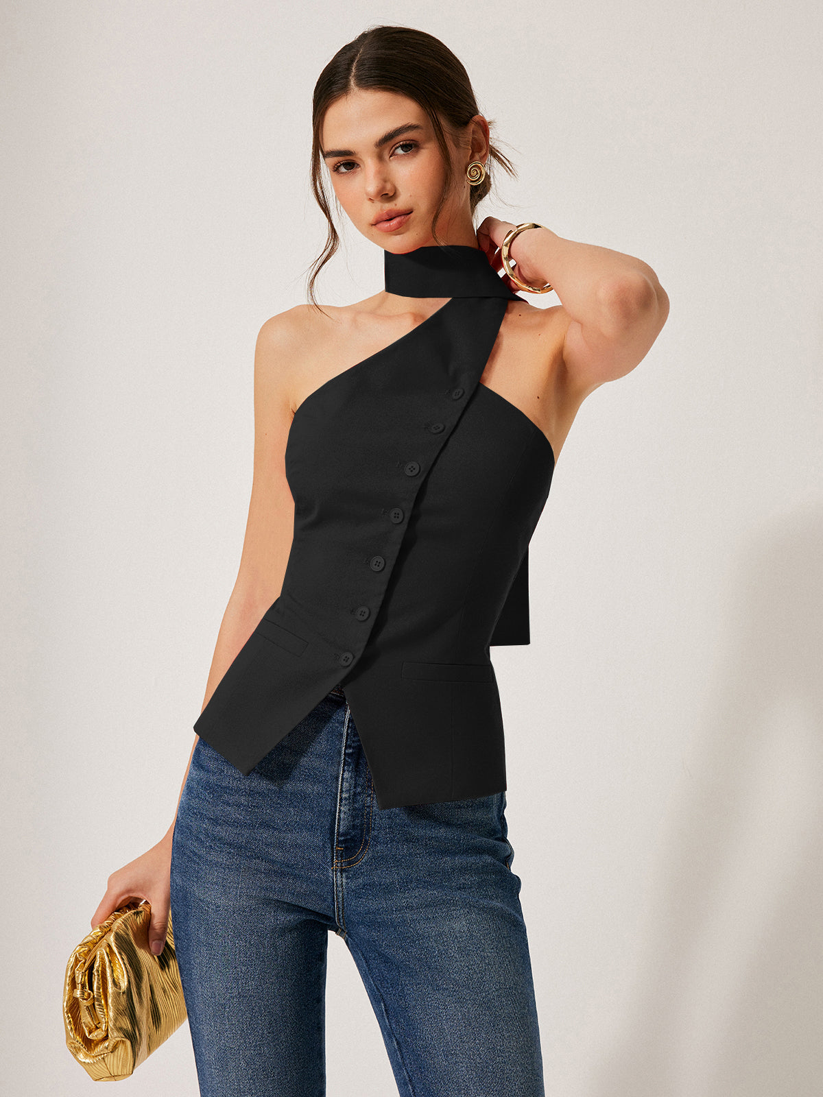 Pamuk ve Keten Askılı Bluz Dekoratif Cep Detayları ile