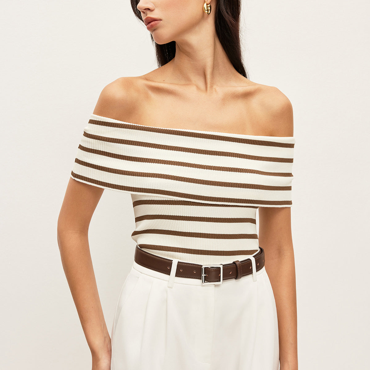 Çizgili Omuzları Açık Nervürlü Üst