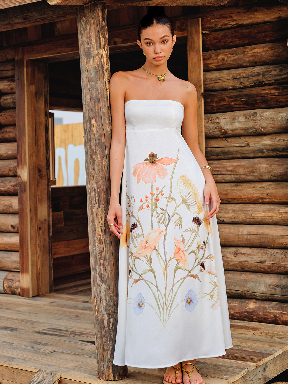 Şık Çiçek Desenli Askısız Uzun Elbise