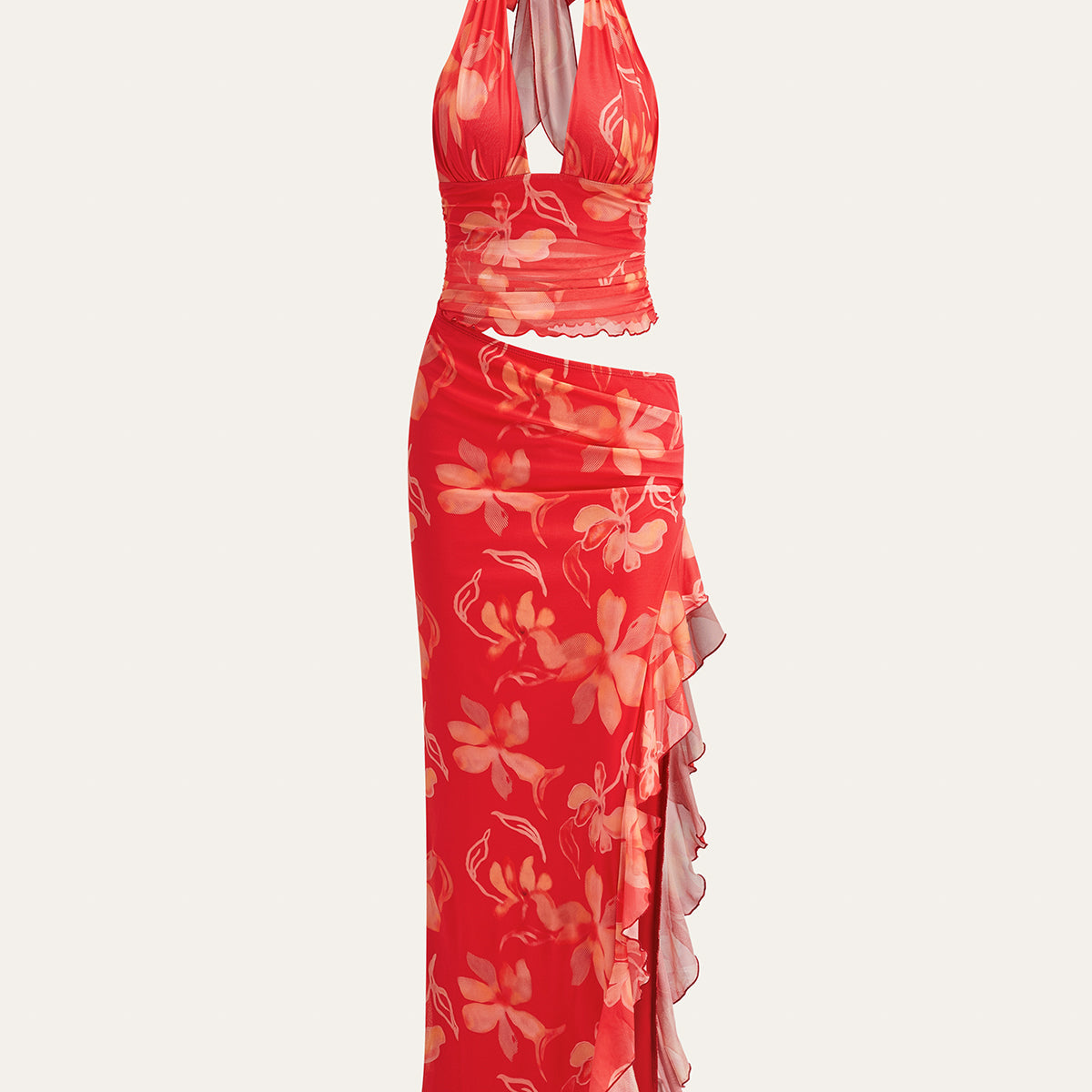 Yarım Şeffaf Çiçekli Halter Elbise