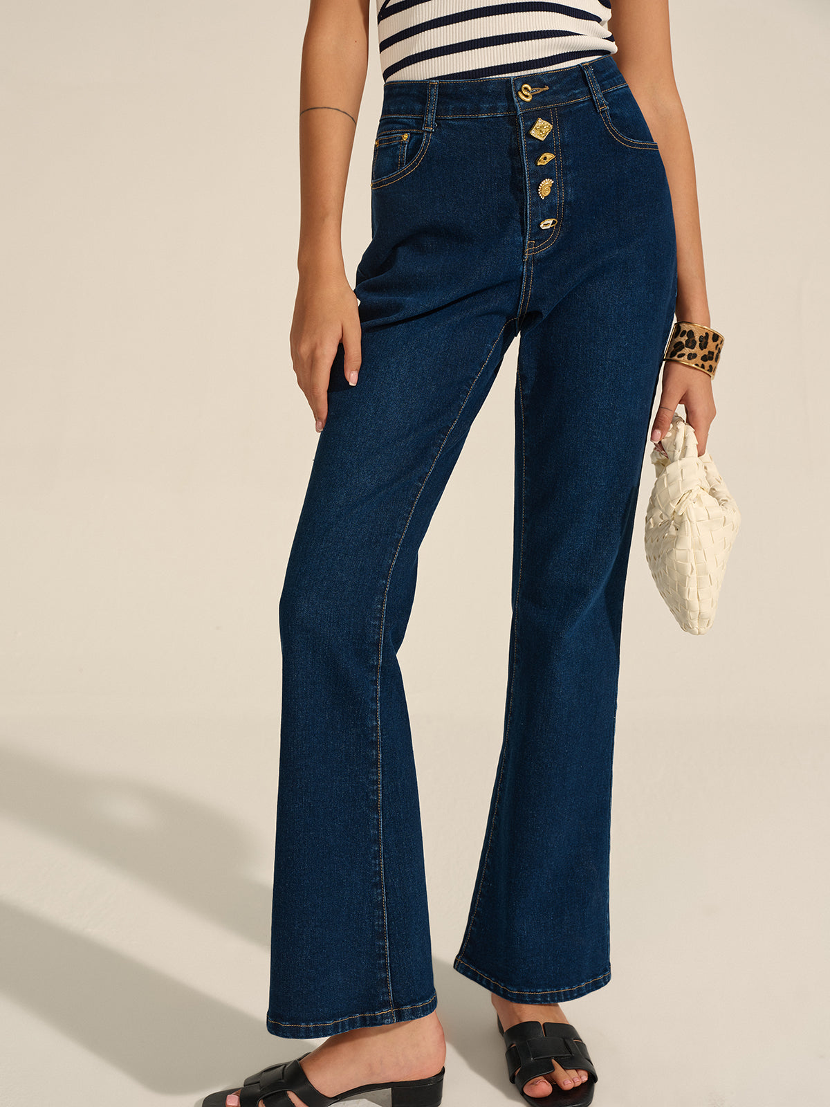 Denim Metal Dekorlu İspanyol Paça Pantolon