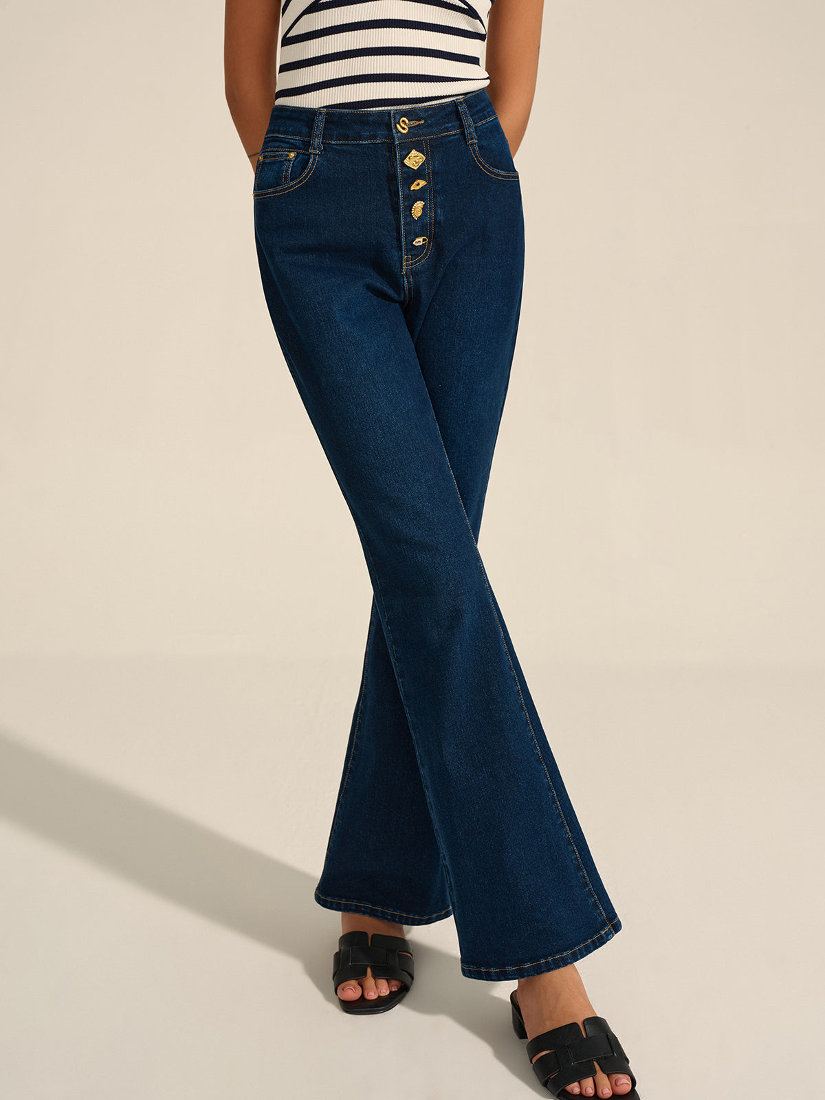 Denim Metal Dekorlu İspanyol Paça Pantolon