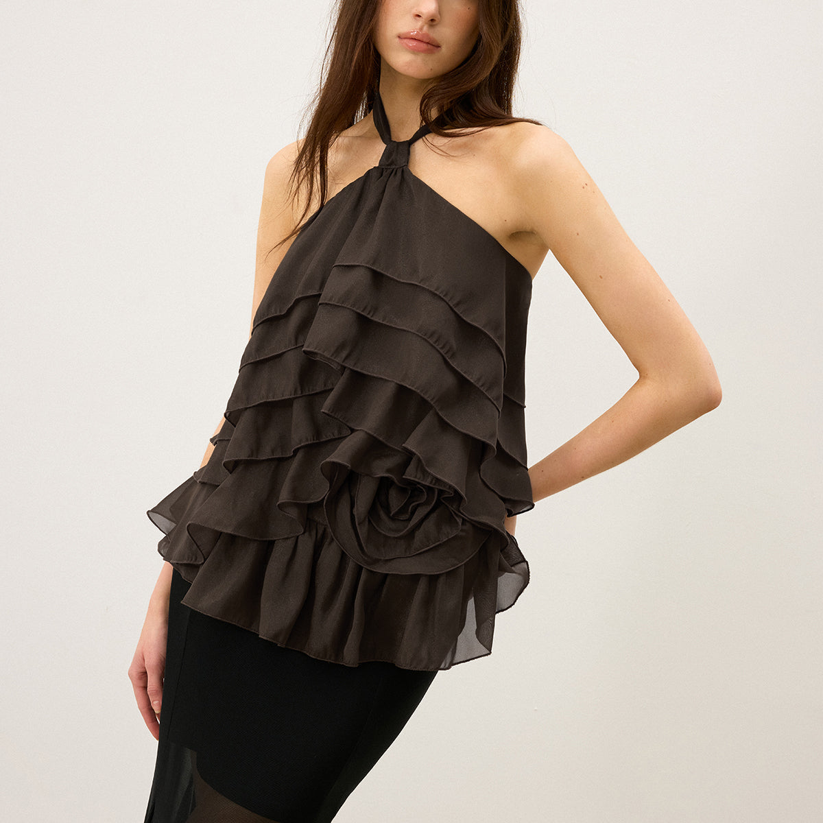 3D Çiçekli Katmanlı Fırfır Şifon Halter Üst