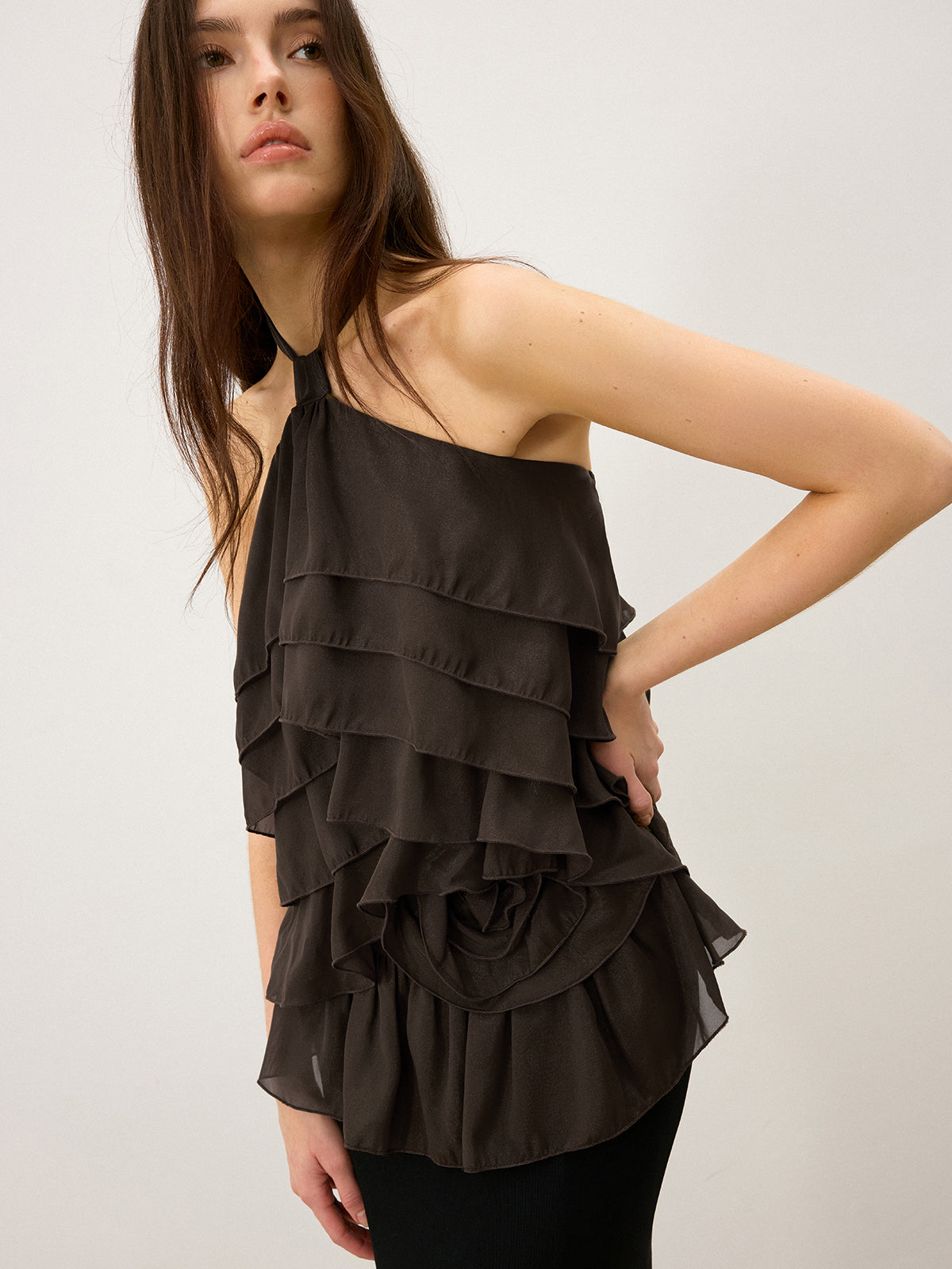 3D Çiçekli Katmanlı Fırfır Şifon Halter Üst