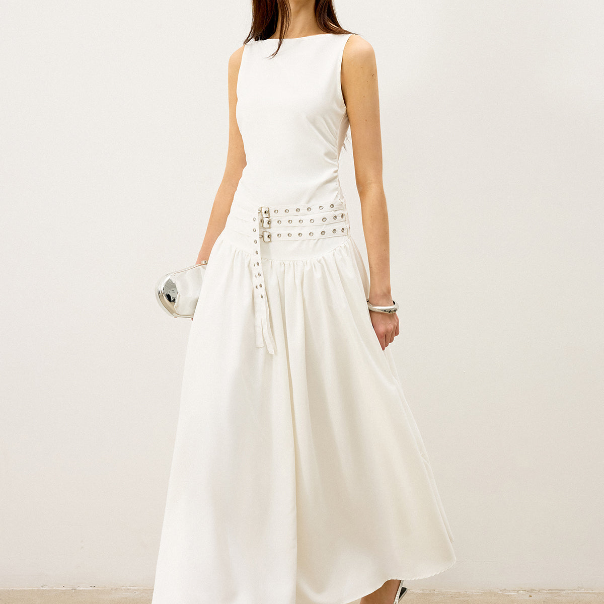 Botun Boyunlu Çok Kemerli Düşük Bel Abiye Maksi Elbise