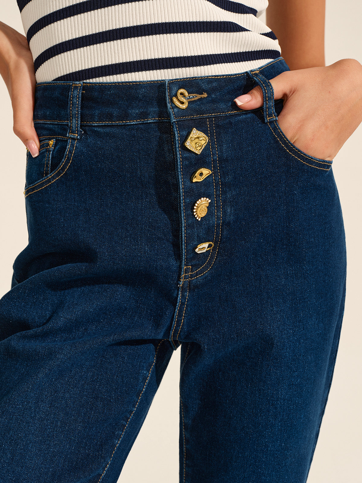 Denim Metal Dekorlu İspanyol Paça Pantolon