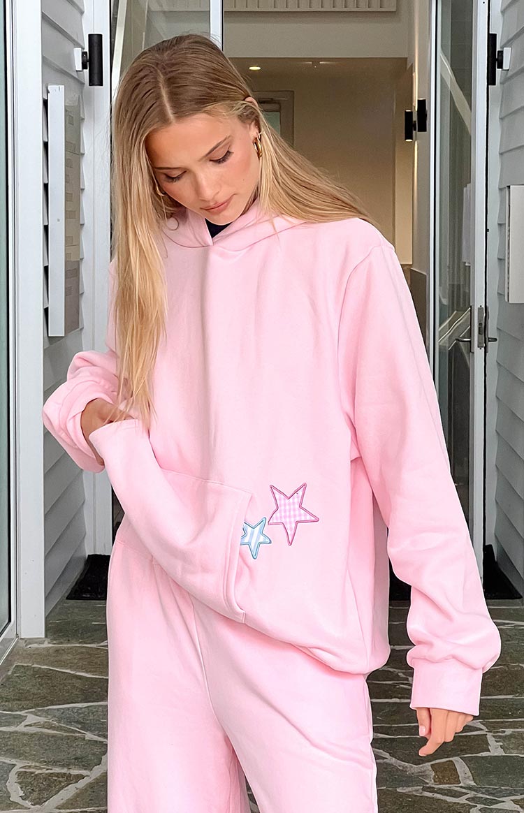 Pembe Yıldız Baskılı Kapüşonlu Sweatshirt