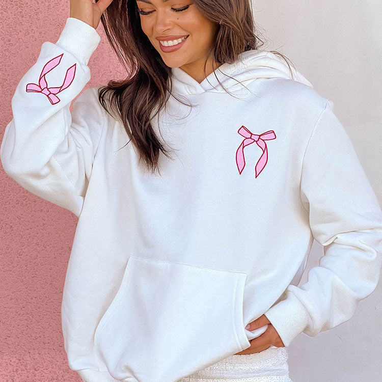 Beyaz Nakışlı Fiyonk Kapüşonlu Hoodie