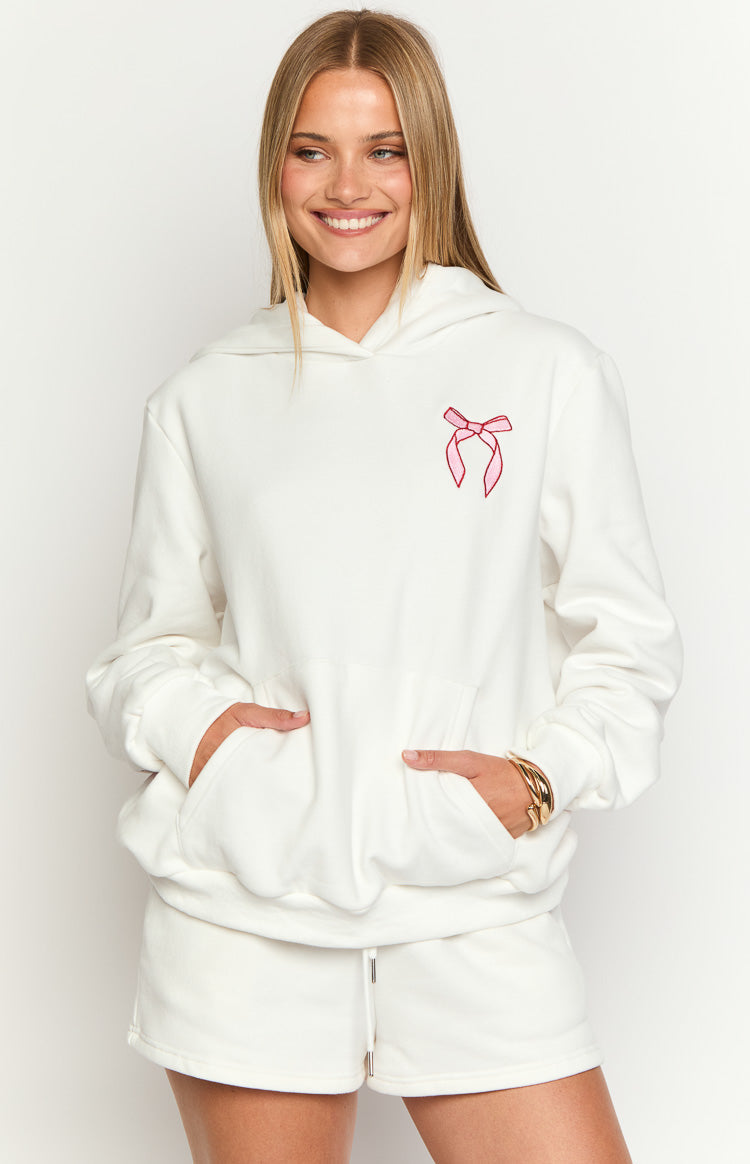 Beyaz Nakışlı Fiyonk Kapüşonlu Hoodie