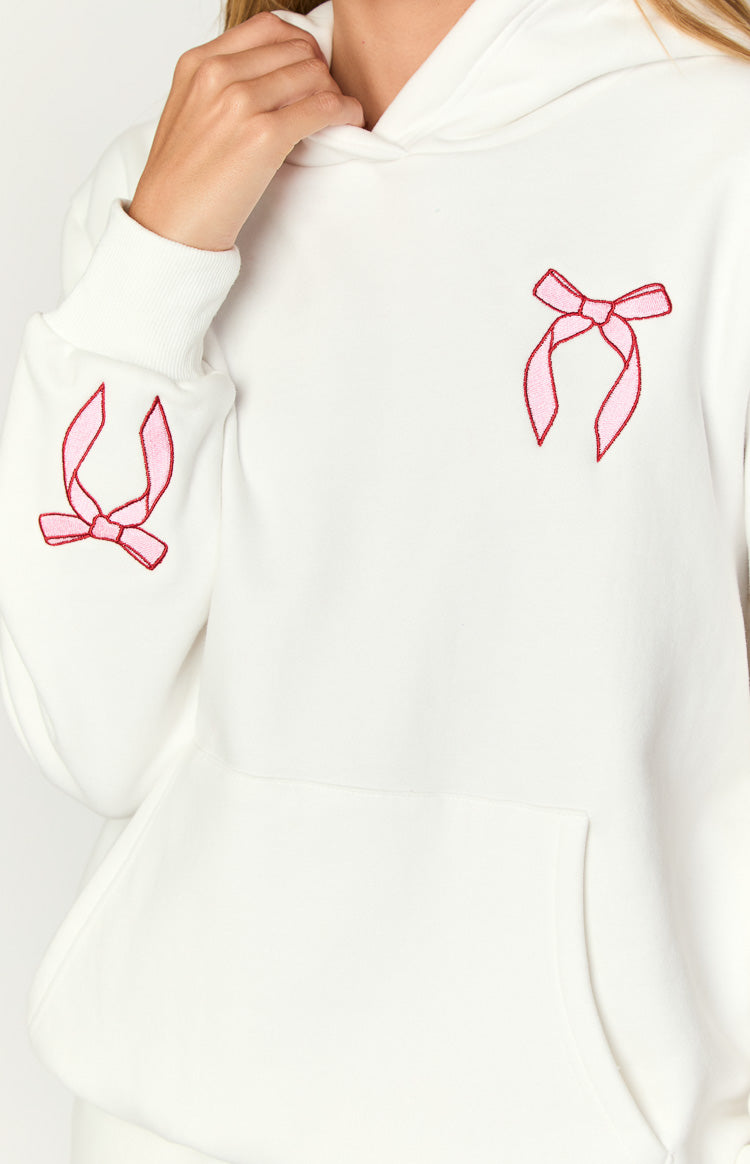 Beyaz Nakışlı Fiyonk Kapüşonlu Hoodie