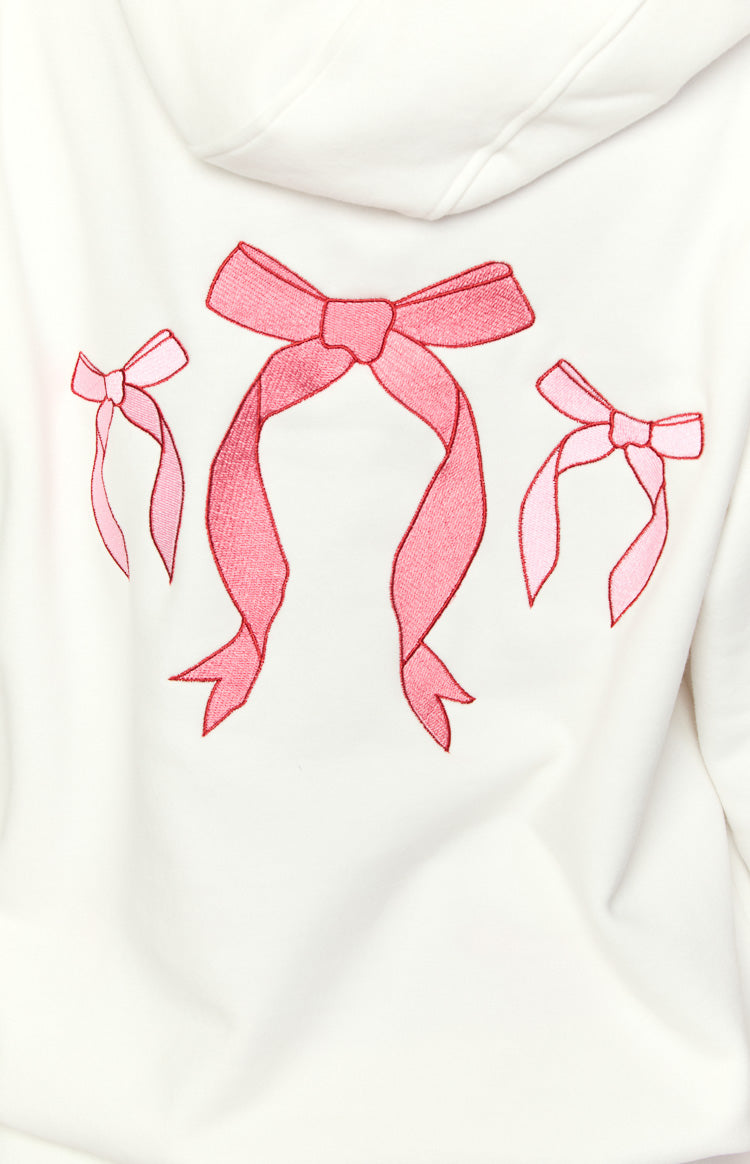 Beyaz Nakışlı Fiyonk Kapüşonlu Hoodie