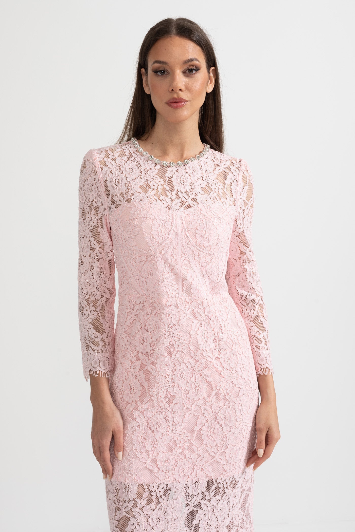 Olyssa Eşleşen Bel Kemerli Zarif Uzun Kollu Dantel Elbise