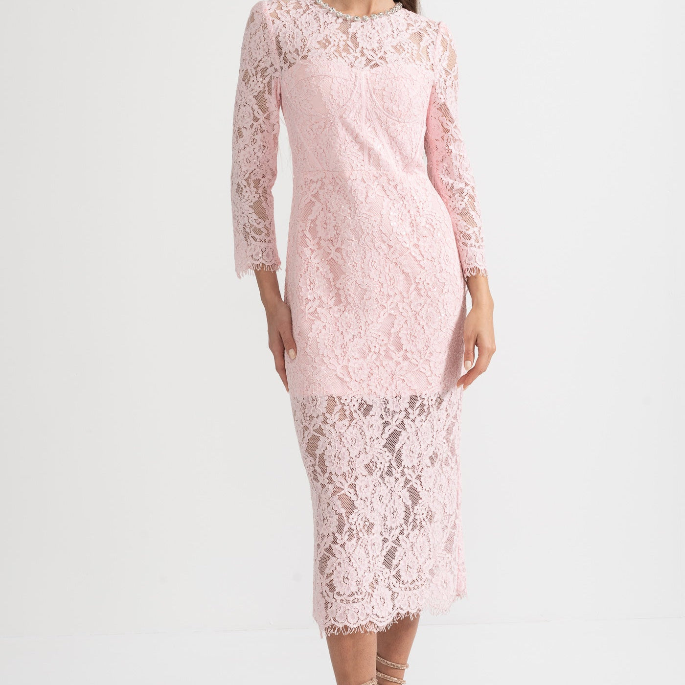 Olyssa Eşleşen Bel Kemerli Zarif Uzun Kollu Dantel Elbise