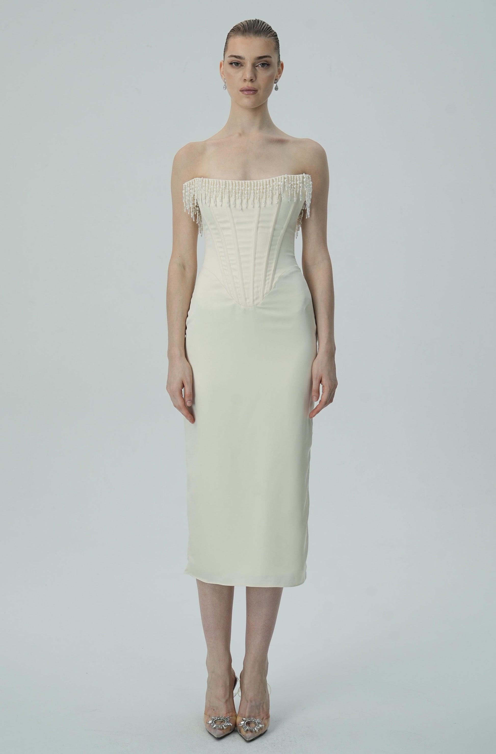 Olyssa İnci Saçaklı Fildişi Omuzları Açık Midi Elbise