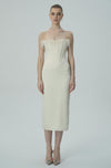Olyssa İnci Saçaklı Fildişi Omuzları Açık Midi Elbise