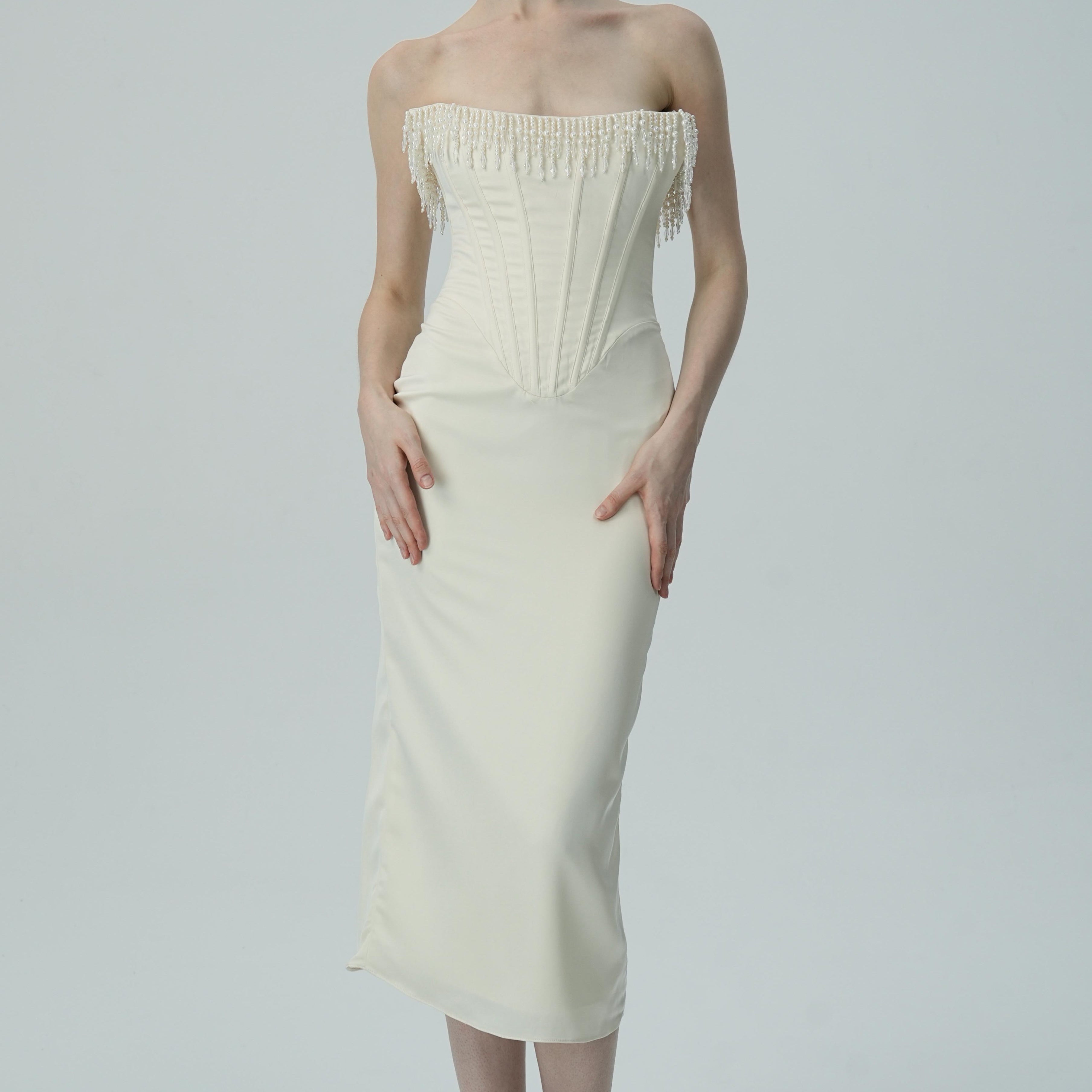 Olyssa İnci Saçaklı Fildişi Omuzları Açık Midi Elbise