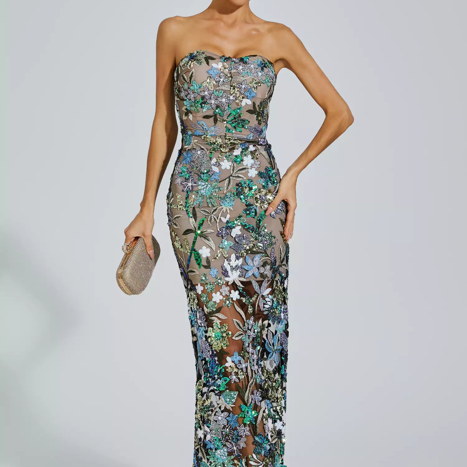 Olyssa Leanna Çiçek İşlemeli Maksi Elbise