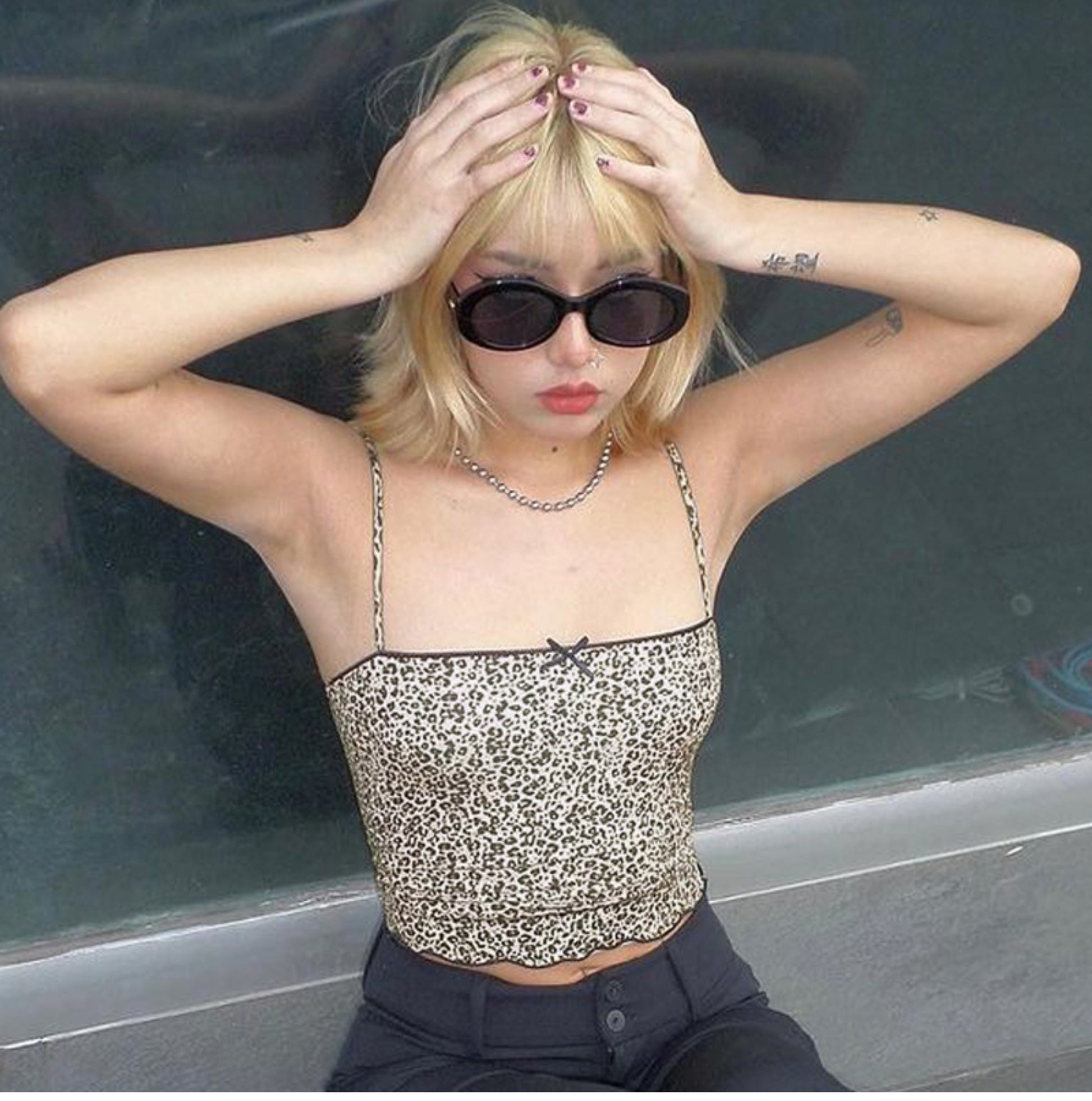 Grecia Leopar Desenli Crop Bluz Premium Polyester Pamuk