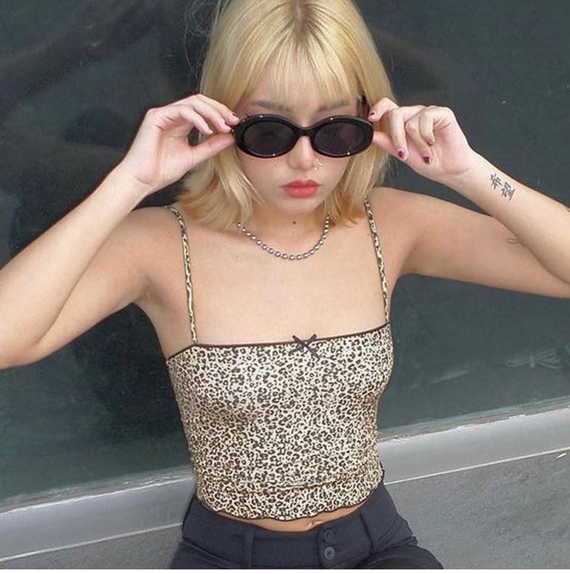 Grecia Leopar Desenli Crop Bluz Premium Polyester Pamuk