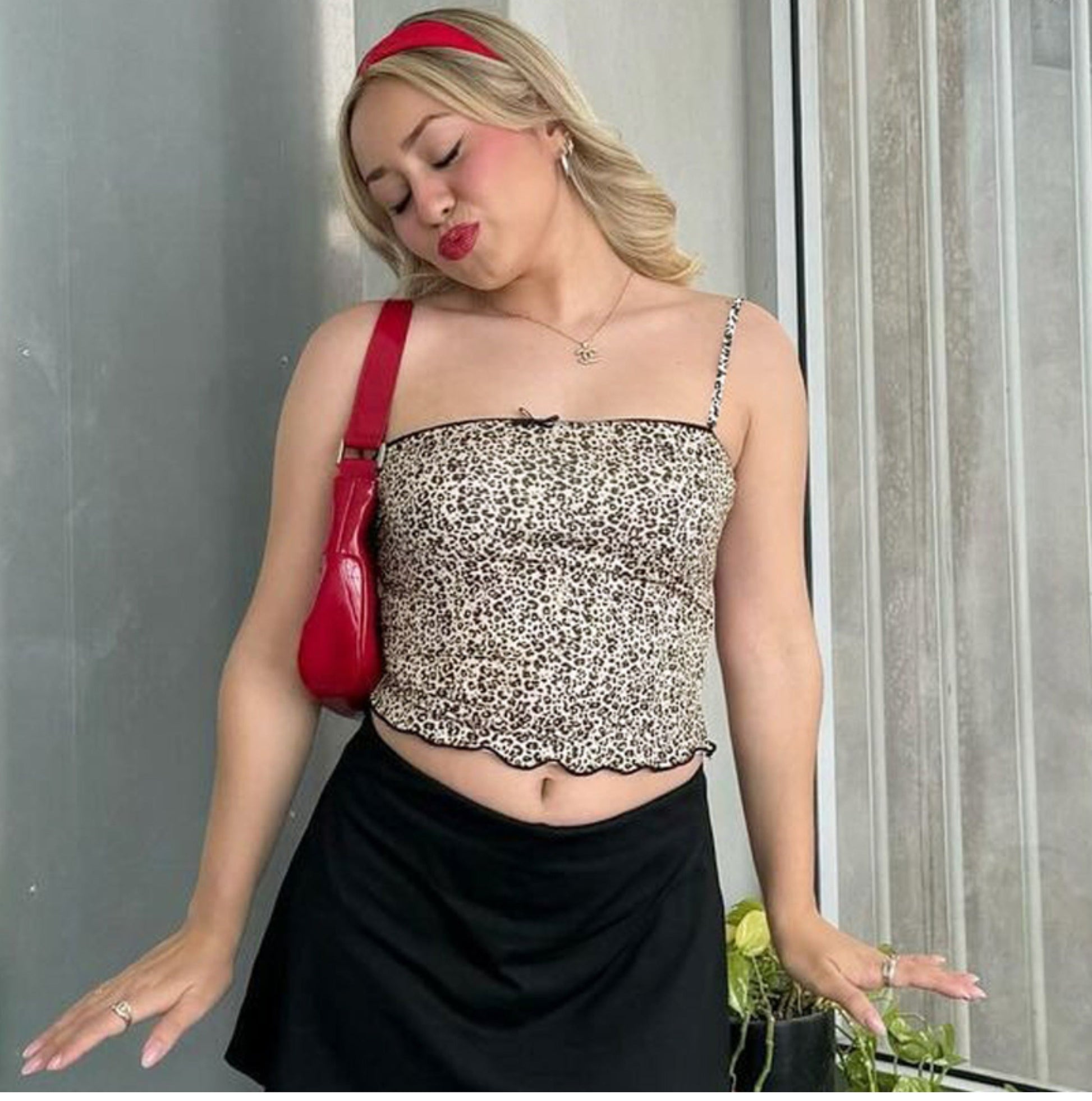 Grecia Leopar Desenli Crop Bluz Premium Polyester Pamuk
