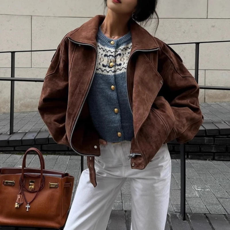 Kemer Detaylı Süet Görünümlü Biker Ceket