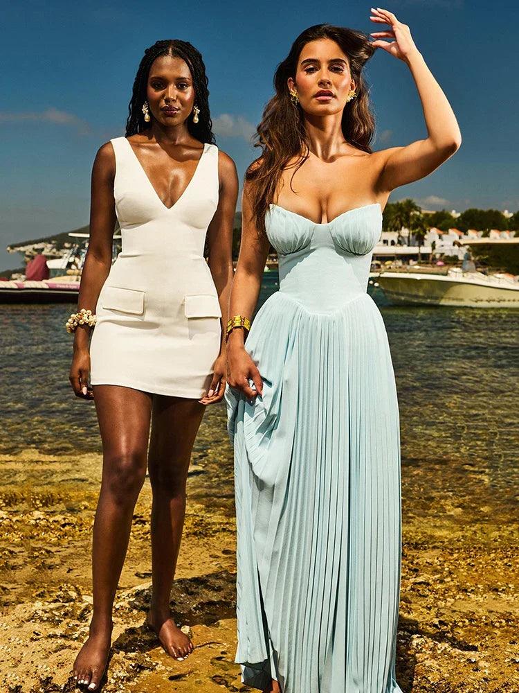 Olyssa Lina Açık Mavi Straplez Piliseli Maxi Elbise