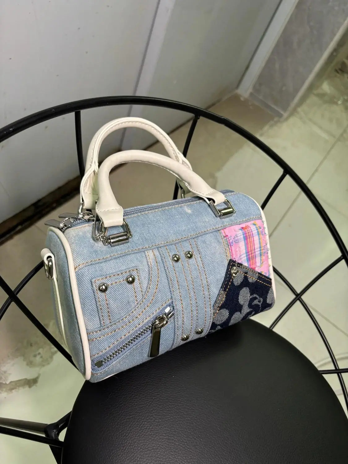 Patchwork Denim & Deri Detaylı El Çantası