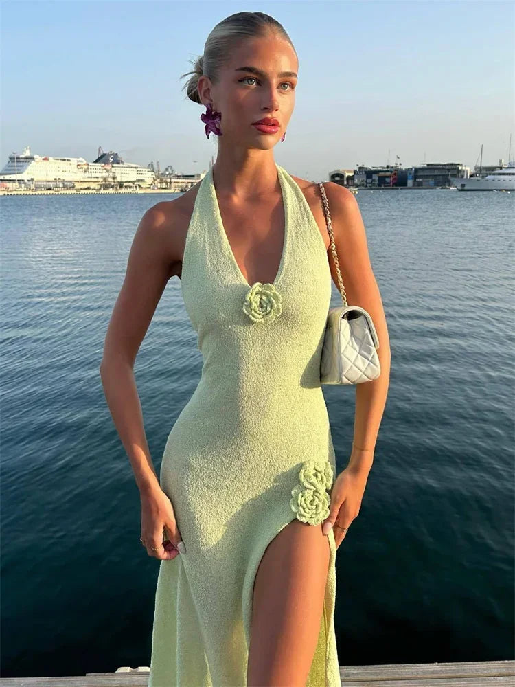 Olyssa Barbara Halter Çiçek Aplike Örgü Uzun Elbise