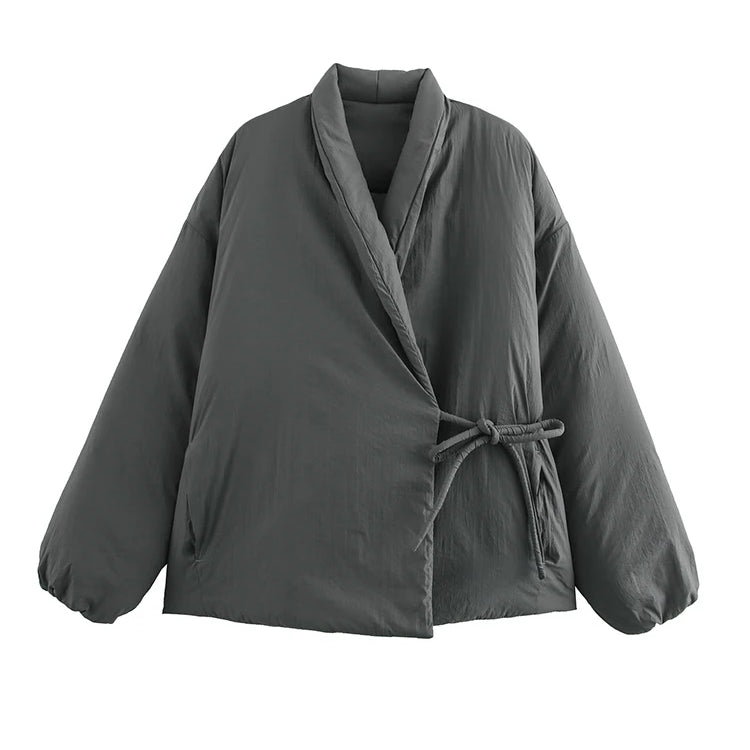 Kușak Detaylı Kimono Tarzı Şişme Mont