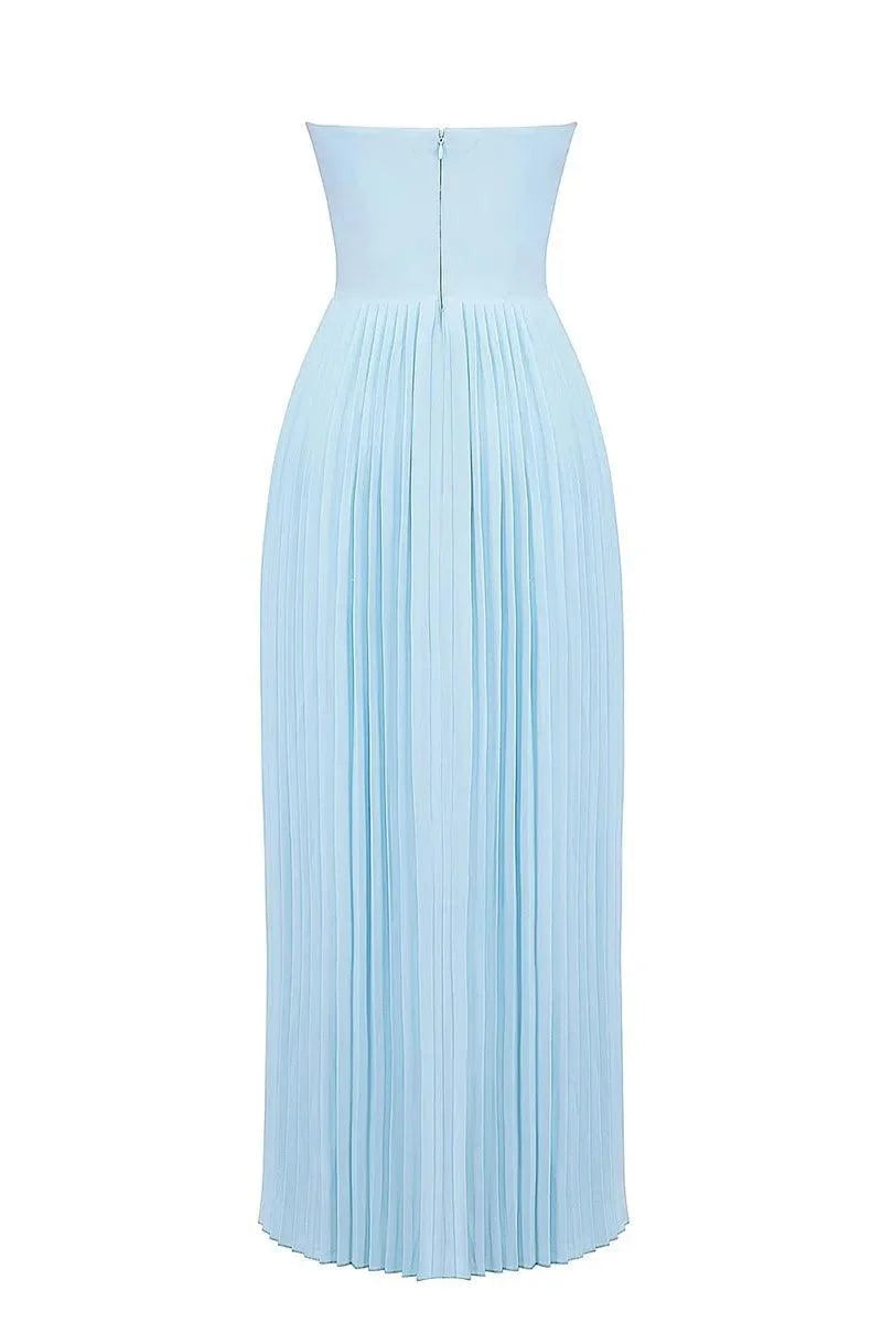 Olyssa Lina Açık Mavi Straplez Piliseli Maxi Elbise