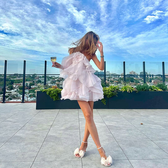 Olyssa Sara Çiçekli Volanlı Şifon Mini Elbise