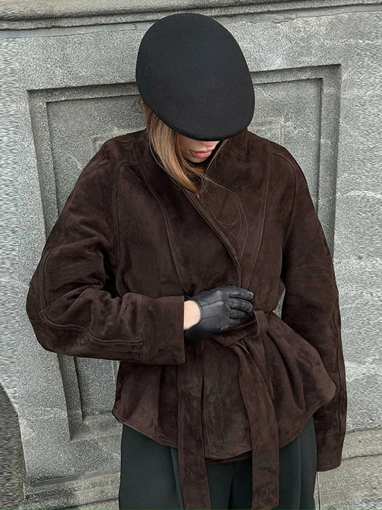 Kemerli Süet Görünümlü Kadın Ceket
