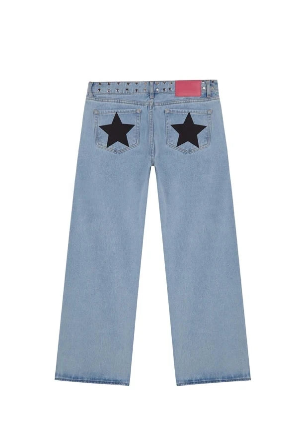 Dilemma Women's Jeans Y2K Stylish Star Graphics Hip Hop High Street Baggy Jeans Retro Harajuku Unisex Straight Through Jeans