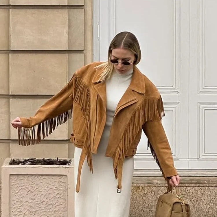 Karamel Püsküllü Süet Ceket