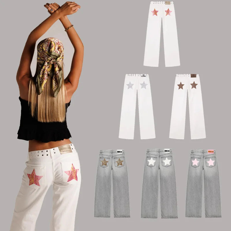 Dilemma Women's Jeans Y2K Stylish Star Graphics Hip Hop High Street Baggy Jeans Retro Harajuku Unisex Straight Through Jeans
