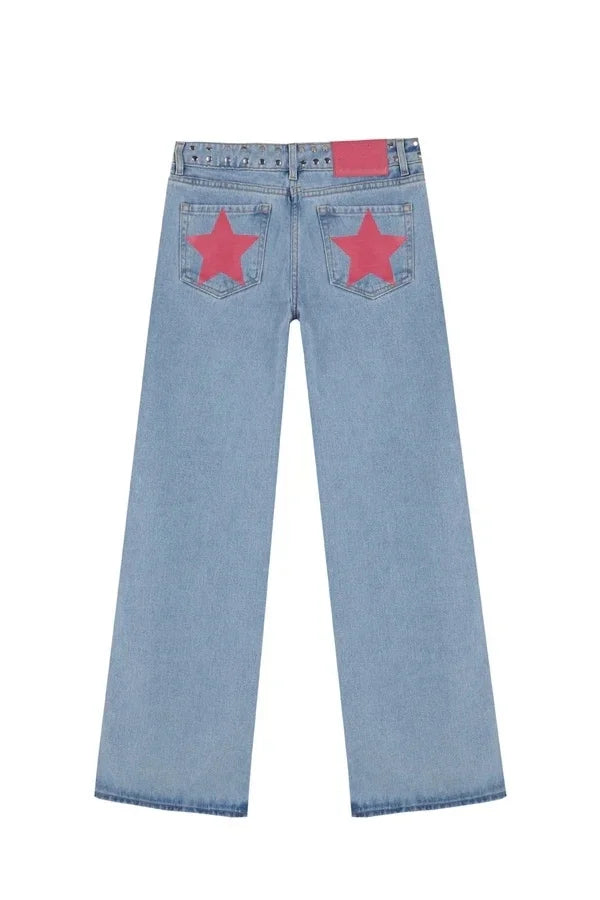 Dilemma Women's Jeans Y2K Stylish Star Graphics Hip Hop High Street Baggy Jeans Retro Harajuku Unisex Straight Through Jeans