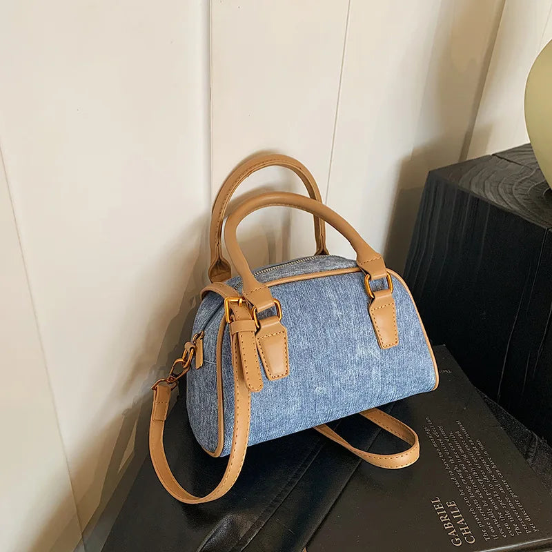 Lüks Tasarım PU Deri ve Kot Patchwork Çanta