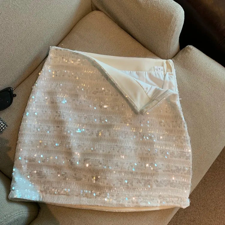 Fran Çizgili Pul Payet Mini Etek