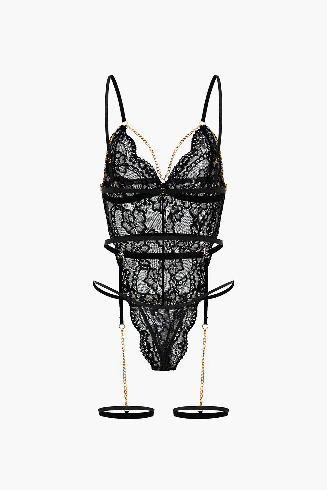 Dantel Metalik Zincir Kesik Detaylı Şeffaf İç Giyim Garter Seti